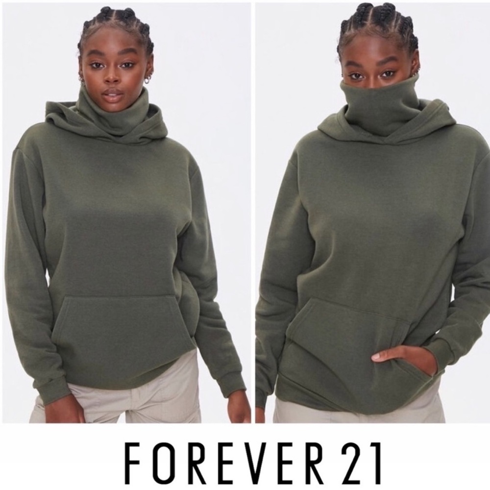 Forever 21 Face Mask Cowl Neck Hoodie - Olive Green